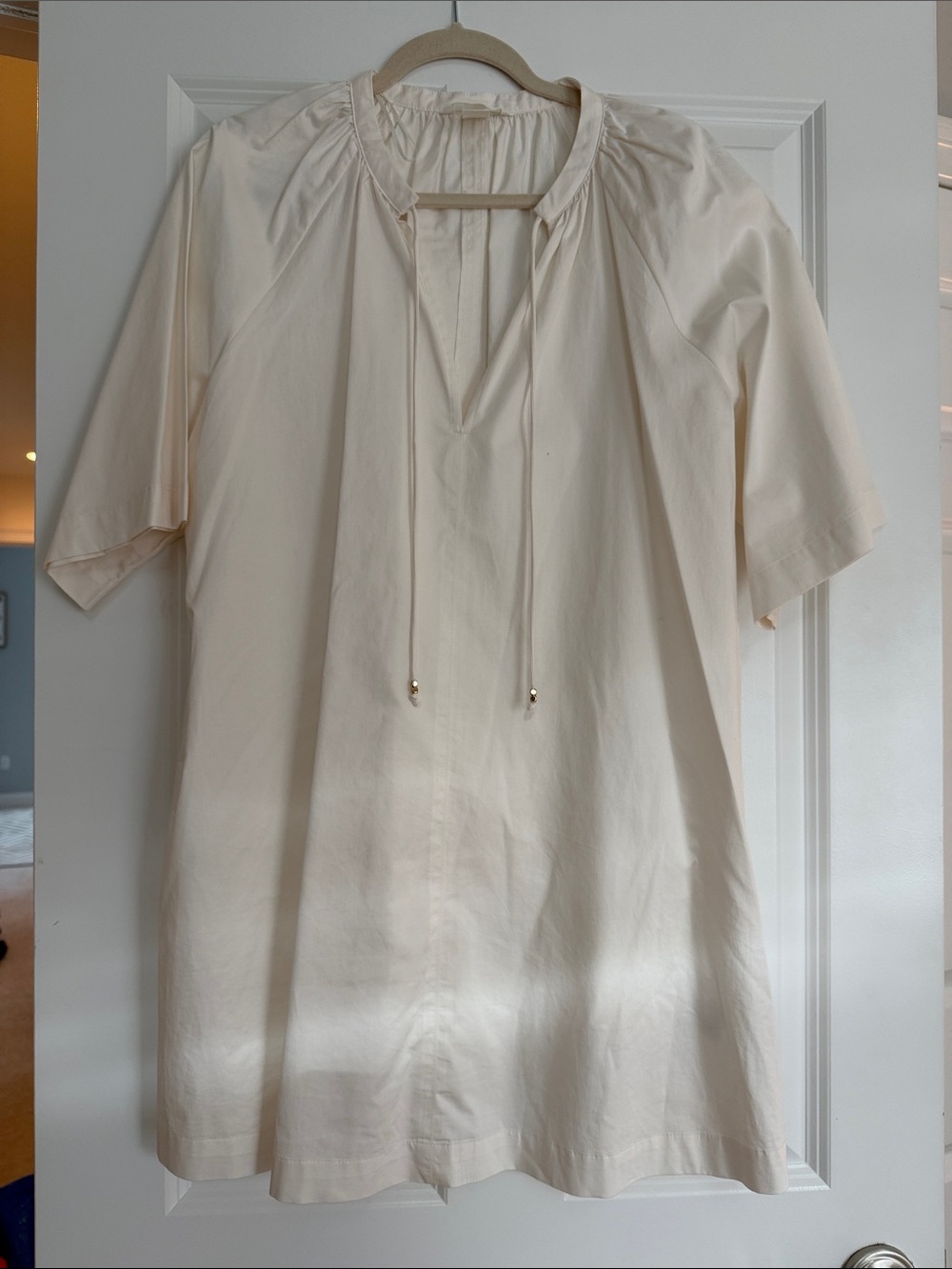 Women's Cream Short-Sleeve Tunic Shirt - Lightweight V-Neck with Drawstring
